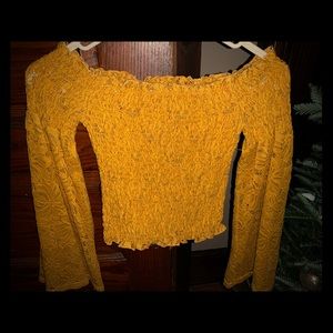 Juniors Yellow Lace Off Shoulder Shirt